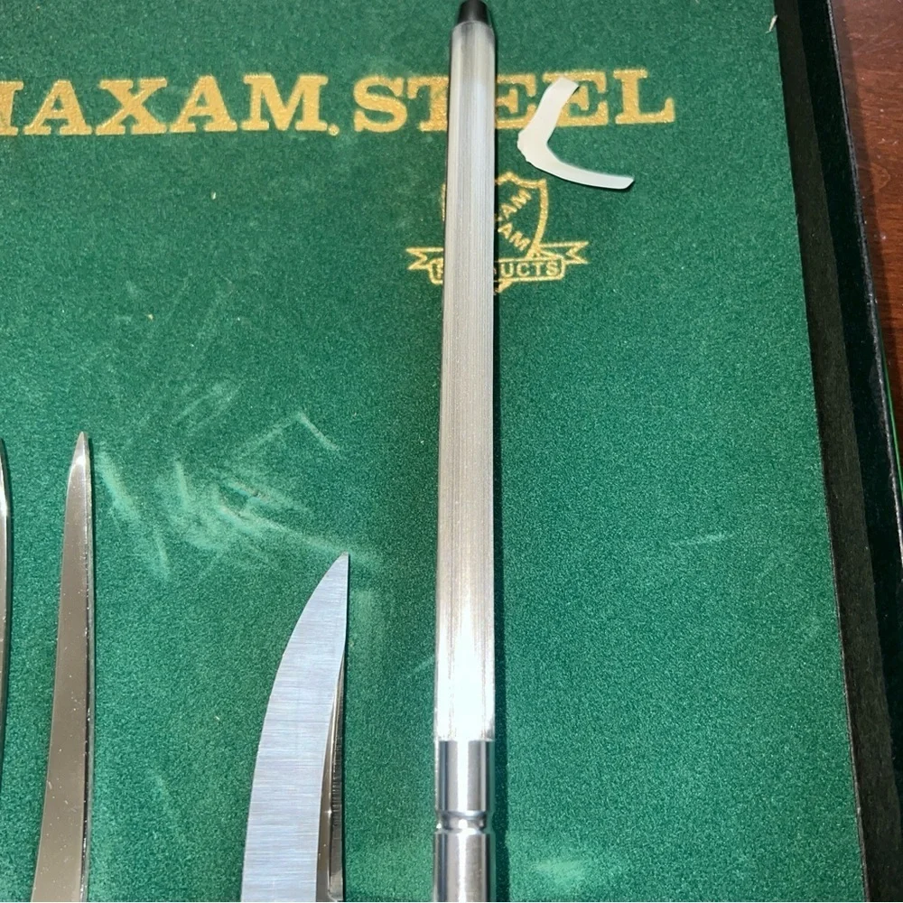 Vintage Set of 5 Wood Handle MAXAM Steel Kitchen Knife Set Plus Bonus Sharpener